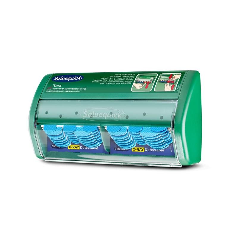 The Salvequick X-ray-detectable bandage dispenser from Orkla Wound Care AB contains two rows of blue, X-ray-detectable bandage refills (2x30) in a transparent dispenser with instructions and branding on the top.