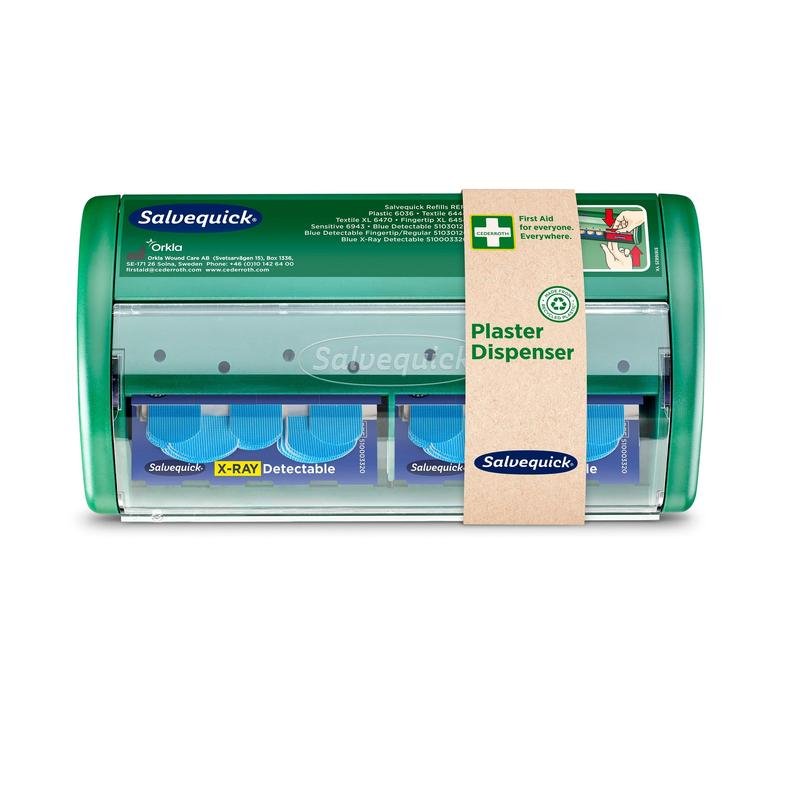 The Orkla Wound Care AB Salvequick X-ray-detectable Band-Aid Dispenser (1 piece) is a green, transparent dispenser with a brown paper label that contains 2x30 blue, X-ray-detectable Band-Aid refills for first aid.