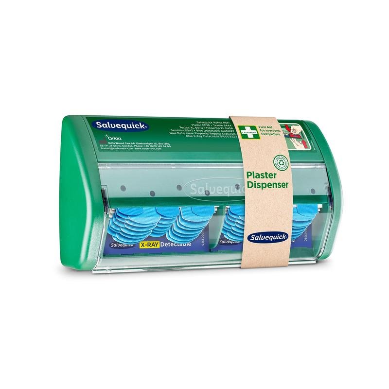 The Orkla Wound Care AB Salvequick X-ray-detectable bandage dispenser contains blue, X-ray-detectable bandages. It comes with 2x30 plaster refills and features a clear front panel and a labeled brown paper sleeve.