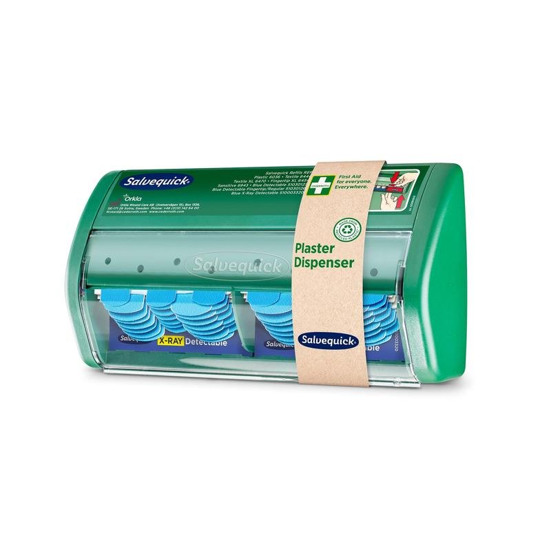 The Orkla Wound Care AB Salvequick X-ray-detectable bandage dispenser comes in a transparent plastic case containing 2x30 detectable bandage refills and is packaged in a cardboard sleeve labeled "Bandage Dispenser."