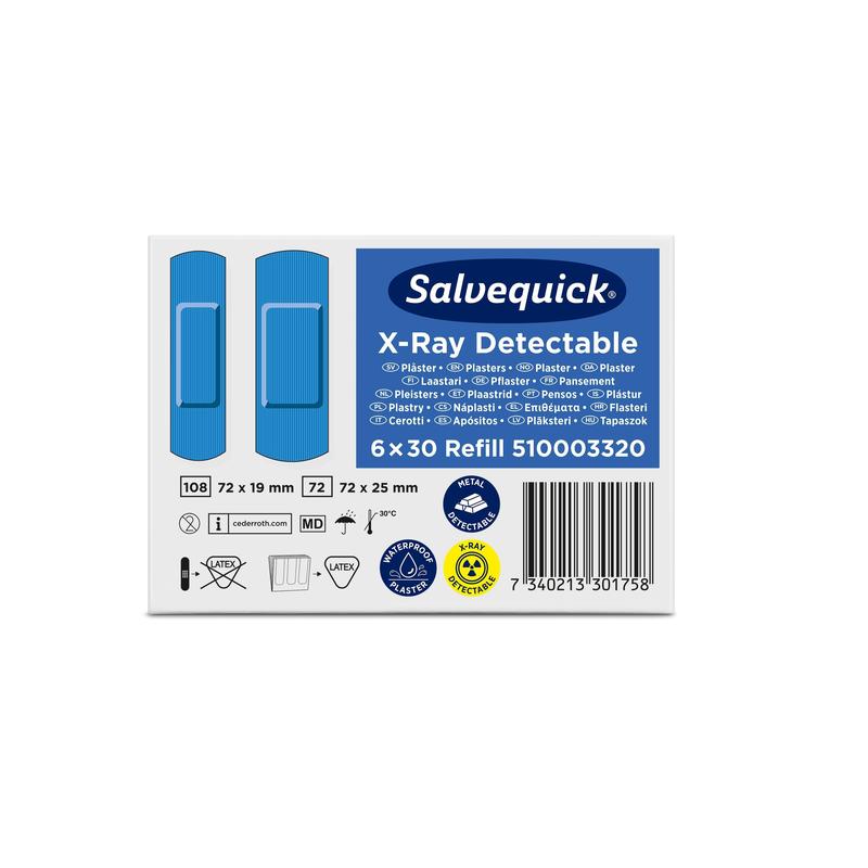 Box von Orkla Wound Care AB Salvequick röntgendetektierbar (30 Stück/Nachfüllung), Packung mit 6 Stück, zeigt blaue Pflaster links und rechts Produktinfos wie Größe, Menge und mehrsprachigen Text.