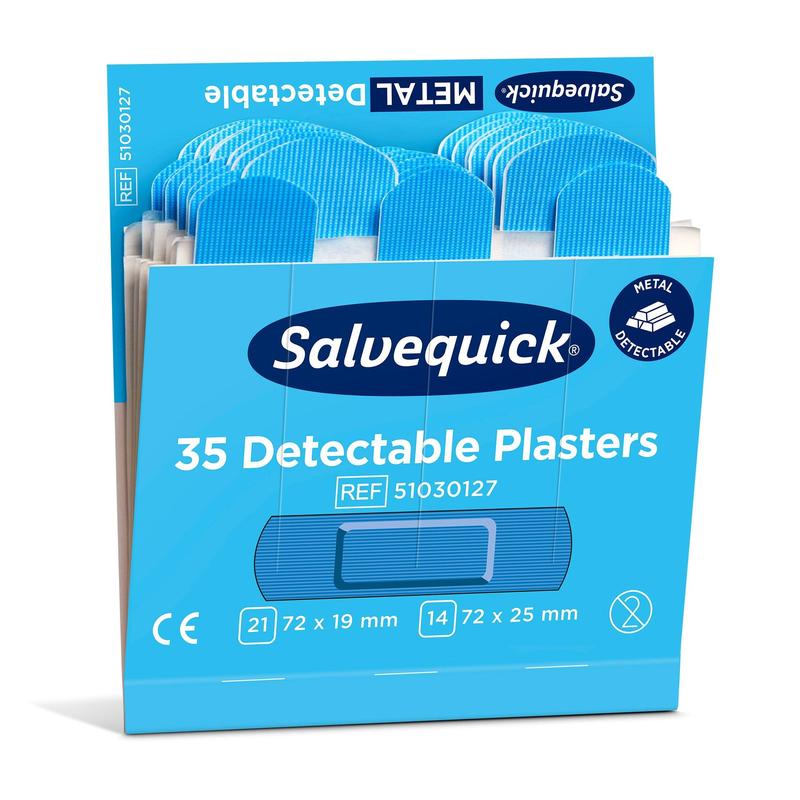 Eine geöffnete Schachtel Orkla Wound Care AB Blauer detektierbarer Pflaster (35 Stück/Mine, 6er Packung) zeigt blaue metalldetektierbare Pflaster, ideal für die Lebensmittelindustrie, mit deutlich beschrifteten Größen und Mengenangaben.
