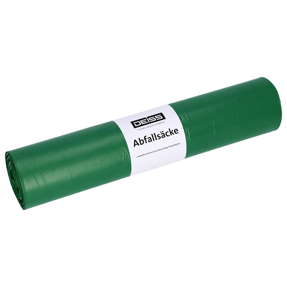 Eine Rolle DEISS 52001 Müllsäcke (700x1100 mm, Typ 20, grün, 50 Stück) der EMIL DEISS KG (GmbH + Co.) liegt auf einem unifarbenen weißen Untergrund mit einem weißen Etikett, das die Marke und die Produktangaben zeigt.