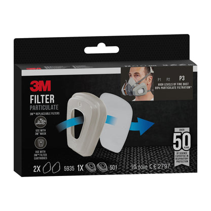 Eine Packung 3M™ Partikelfilter 5935, P3 (2 Paar) plus Filterhalterung 501 (1 Paar) von 3M Deutschland GmbH, mit zwei weißen Filtern, Produktdetails und einer Person, die eine Maske mit angebrachten Filtern und Halterung trägt.