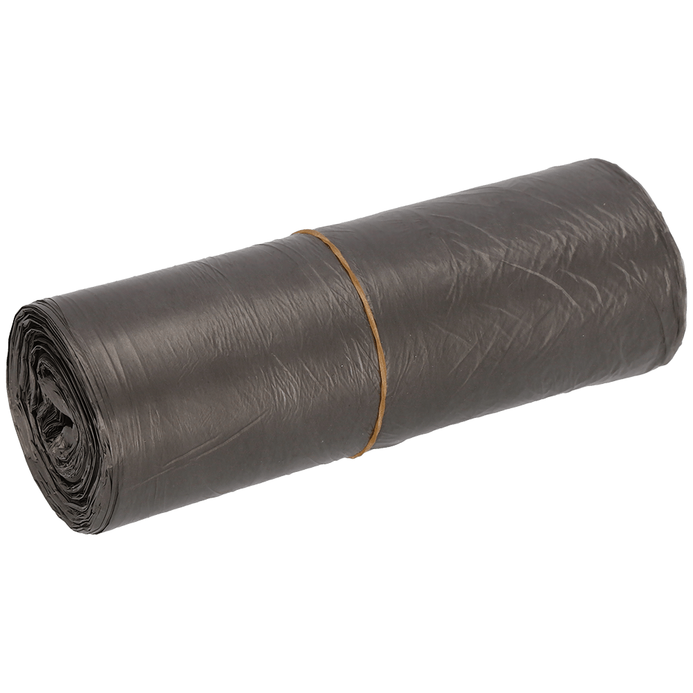 A roll of EMIL DEISS KG (GmbH + Co.) DEISS 54095 gray garbage bags (500x580 mm, 50 pieces), secured with a brown rubber band, is placed on a plain white background.