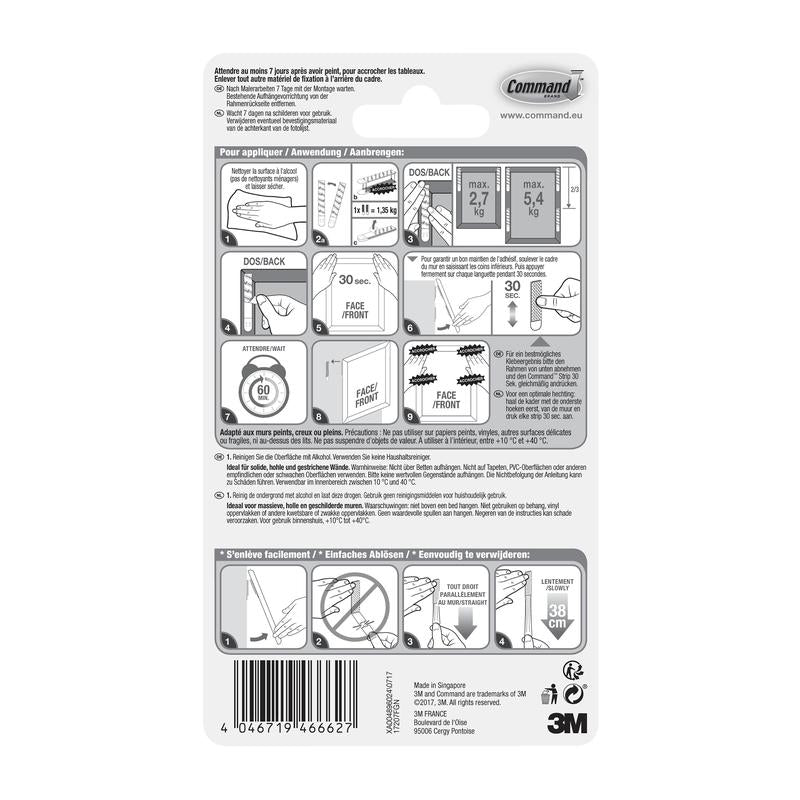Rückseite einer 3M Deutschland GmbH Schmale Command™ Bilder-Montage Strips (M) 17207 Packung mit bebilderter Gebrauchs-/Entfernungsanleitung, Spezifikationen, Sicherheitsinformationen, mehrsprachigem Text und dem Hinweis, dass die Strips rückstandslos entfernbar sind.