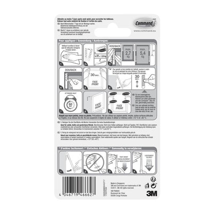 Rückseite einer 3M Deutschland GmbH Schmale Command™ Bilder-Montage Strips (M) 17207 Packung mit bebilderter Gebrauchs-/Entfernungsanleitung, Spezifikationen, Sicherheitsinformationen, mehrsprachigem Text und dem Hinweis, dass die Strips rückstandslos entfernbar sind.