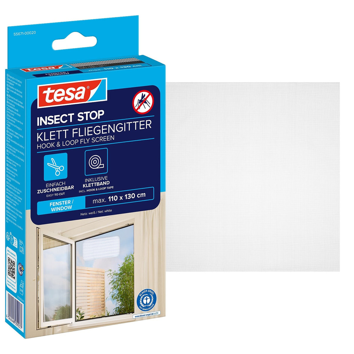 tesa INSECT STOP Klett Fliegengitter für Fenster weiß, 110 x 130 cm