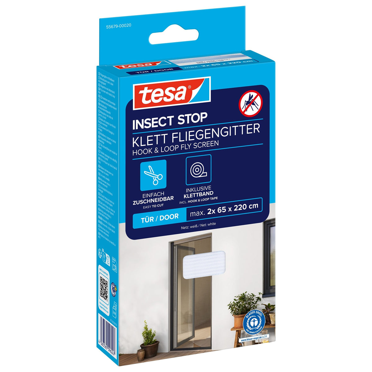 tesa INSECT STOP Klett Fliegengitter für Türen, 65 x 220 cm weiß