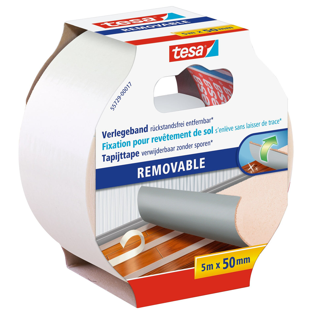 tesa 55729 Verlegeband, rückstandsfrei entfernbar, 5 m x 50 mm, weiß-transluzent