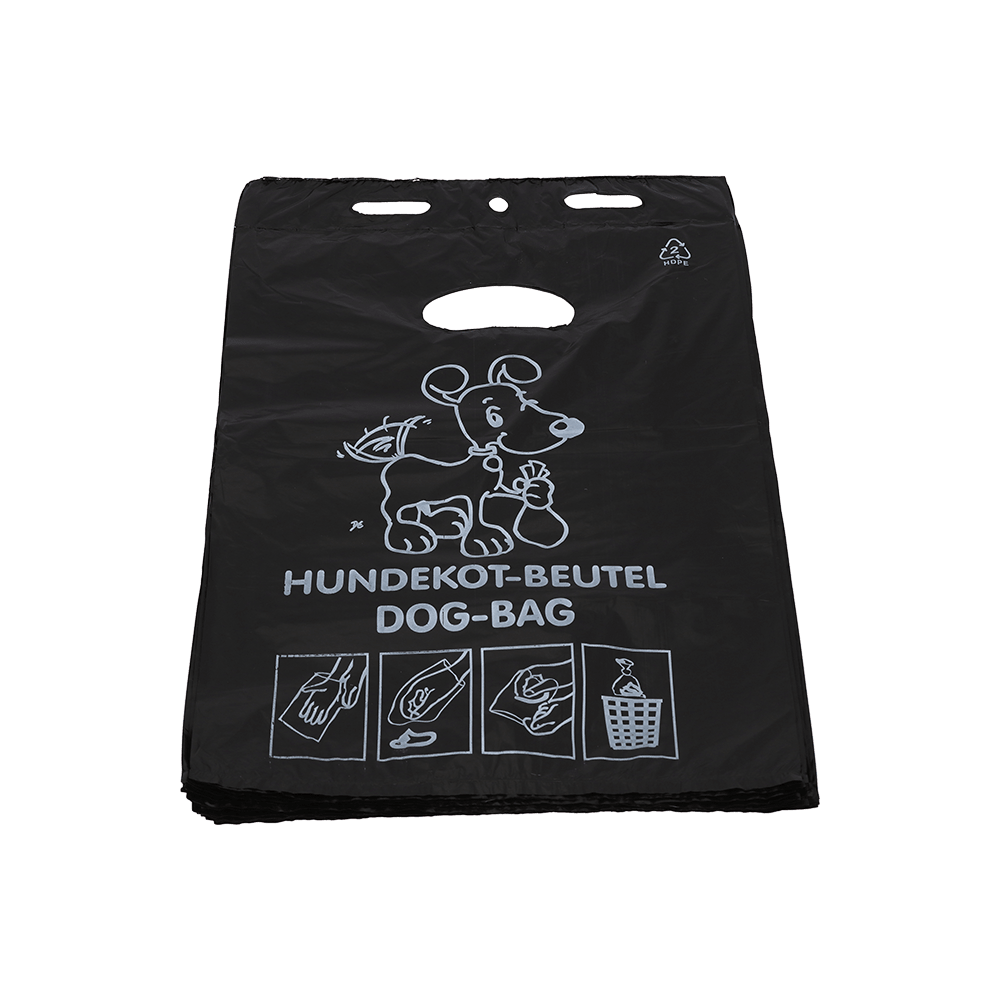Der DEISS 55810 Hundekotbeutel der EMIL DEISS KG ist ein schwarzer, umweltfreundlicher Hundekotbeutel (250x310+30x0,015 mm) mit Cartoon-Hundemotiv, "HUNDEKOT-BEUTEL DOG-BAG"-Schriftzug, weißer Anleitung und praktischen Griffausschnitten; erhältlich in Kartons zu 2000 Stück.