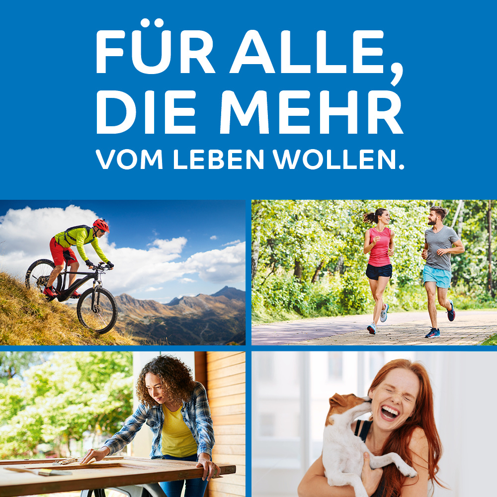 Unter dem deutschen Text „Für alle, die mehr vom Leben wollen.“ befinden sich vier Bilder – Radfahren, Joggen, Schreiben und Lachen mit einem Hund – die perfekt die Momente widerspiegeln, die durch das octenisept® Wunddesinfektionsspray 50 ml der Schülke & Mayr GmbH geschützt sind.