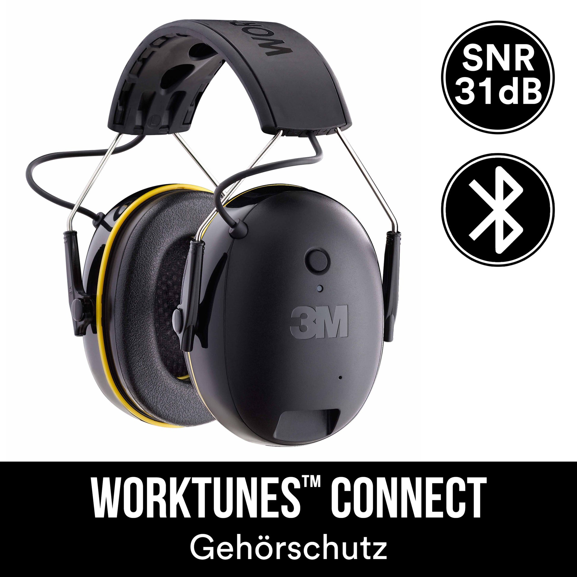 Nahaufnahme des Auslaufartikels: 3M™ WorkTunes™ Connect Kapselgehörschutz 90543E in Schwarz, SNR-Wert 31 dB, Bluetooth®, von 3M Deutschland GmbH. Text: "WORKTUNES CONNECT Gehörschutz" auf schwarzem Hintergrund.
