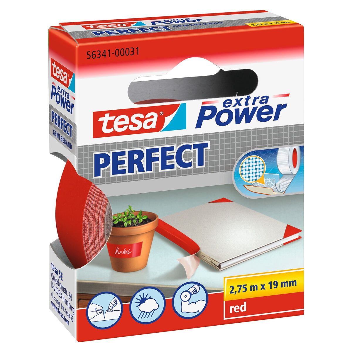 tesa extra Power Perfect Gewebeband rot, 2,75 m x 19 mm