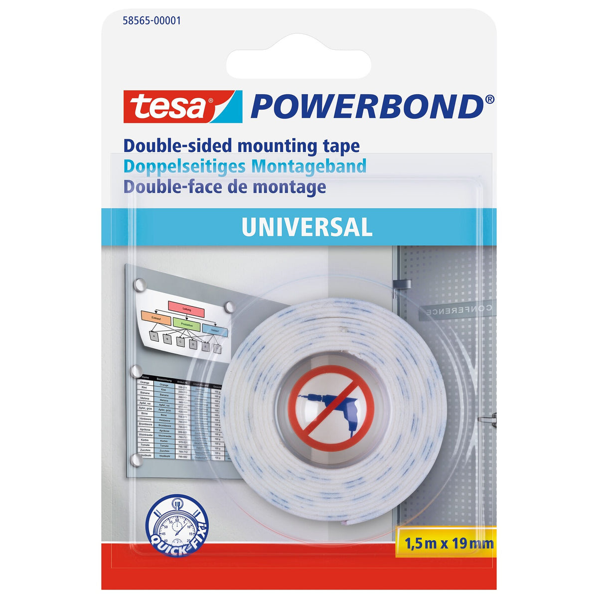 tesa Powerbond Universal Office Montageband, 1,5 m x 19 mm, transparent
