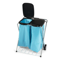 The Nölle Profi Mobile Waste Bin, 2-Compartment (66x37x78 cm) from Nölle Profi Brush Bürsten- & Pinseltechnik e.K. features two metal compartments with black lids and casters for easy waste separation and mobility.