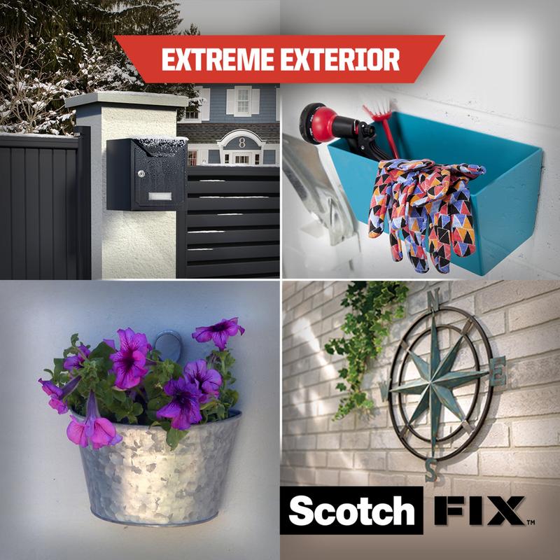 A collage shows a mailbox on a pillar, a box with a drill and gloves, a metal pot with purple flowers, and a wall compass, with the logo of 3M Deutschland GmbH Scotch-FIX™ Extreme double-sided outdoor mounting tape at the bottom edge.