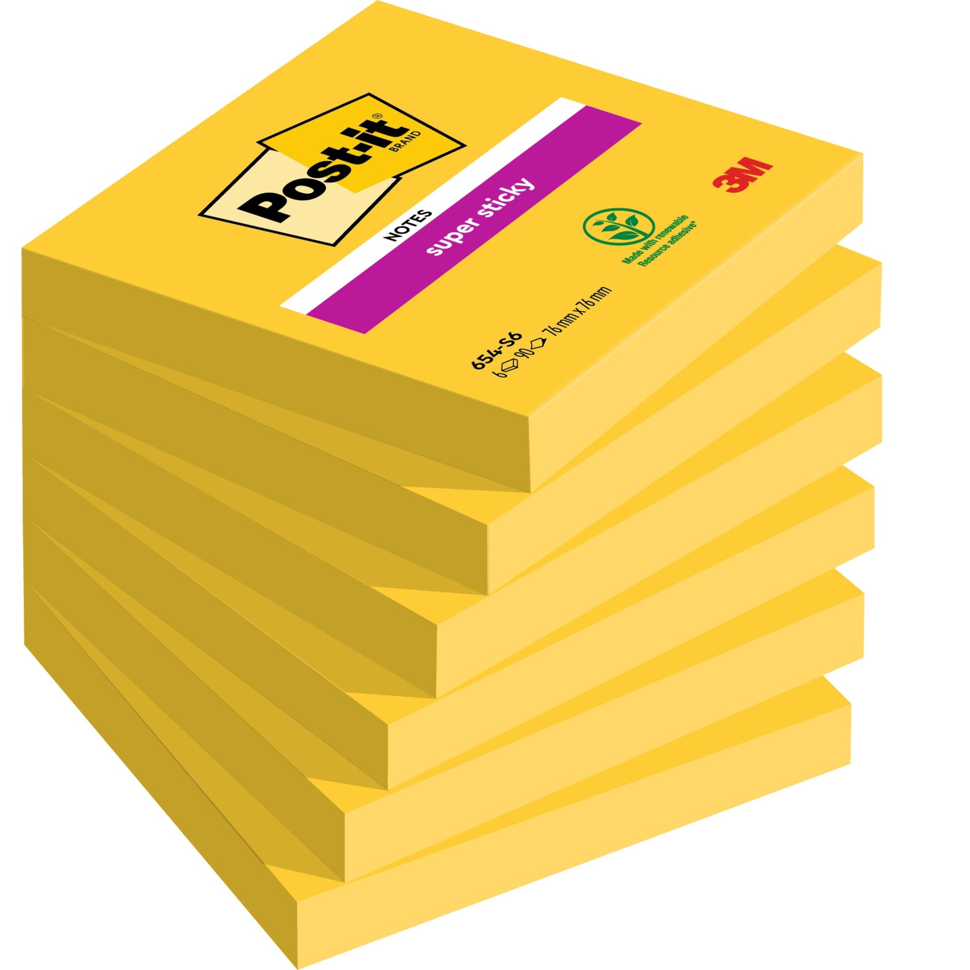 Abgebildet ist ein Stapel von sieben gelben Post-it® Notes (76x76 mm, je 90 Blatt, 100% PEFC, SGSCH-PEFC-COC-110078) der 3M Deutschland GmbH. Auf dem obersten Block sind &quot;super sticky&quot;, ein Recycling-Symbol und das 3M-Logo abgebildet.
