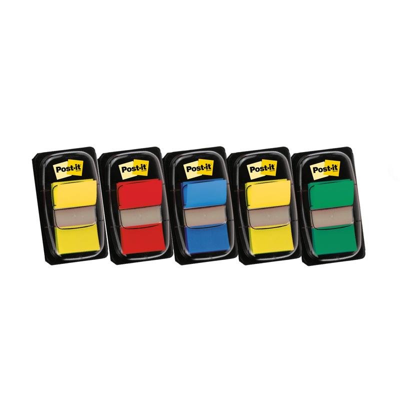 Three dispensers plus two free, each with 50 Post-it® Index flags in various colors (yellow, red, blue, green, yellow), from 3M Deutschland GmbH. Transparent covers make it easier to arrange documents and view the 25.4 x 43.2 mm strips inside.