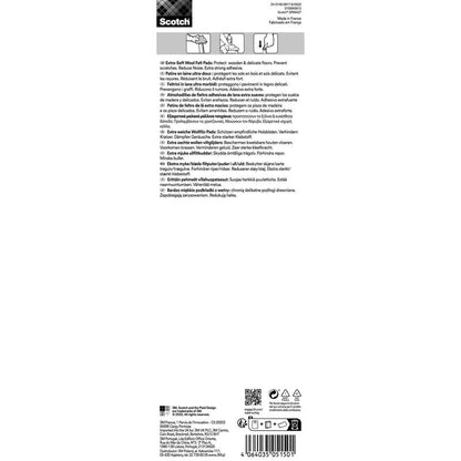 Ein mehrsprachiges Etikett für Scotch® Extra weiche Filzpads, selbsthaftend, beige von 3M Deutschland GmbH beschreibt den Einsatz zum Schutz von Holz- und empfindlichen Böden, zur Geräuschreduzierung und gibt eine Anleitung sowie Herstellungshinweise.