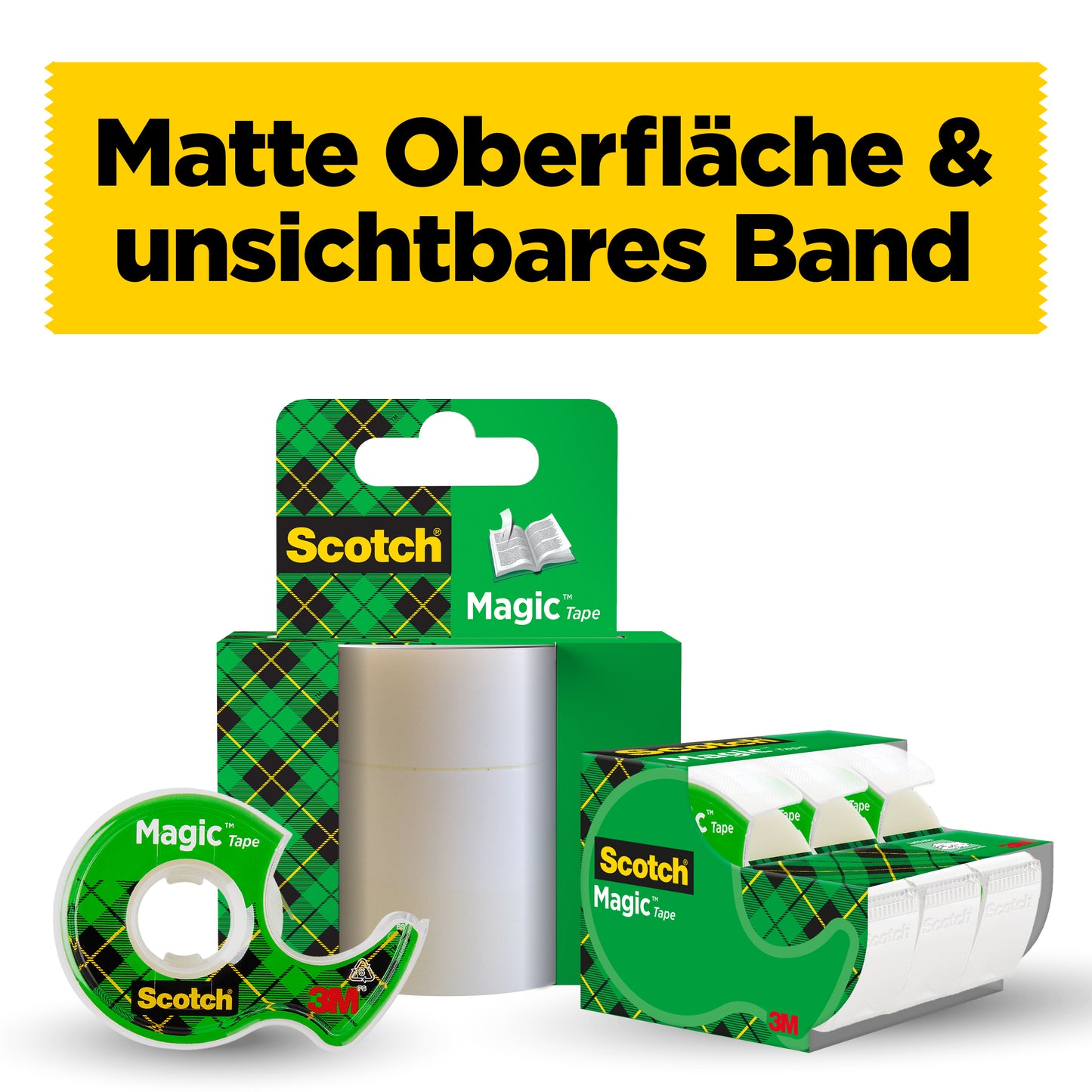 Scotch® Magic™ Unsichtbares Klebeband 1 Rolle (19 mm x 7,5 m) mit Handabroller von 3M Deutschland GmbH in grün-karierter Verpackung vor einem gelben Schild mit "Matte Oberfläche & unsichtbares Band".