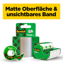 Ein Display mit der Scotch® Magic™ Unsichtbares Klebeband Nachfüllpackung (1 Rolle, 19 mm x 25 m) der 3M Deutschland GmbH in einer grün karierten Verpackung. Darüber befindet sich ein gelbes Banner mit der Aufschrift "Matte Oberfläche & unsichtbares Band".