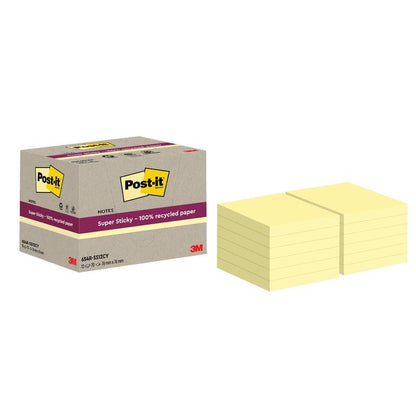 A box of Post-it® Super Sticky 100% Recycled Notes (76 x 76 mm, 70 sheets/block, 100% PEFC) by 3M Deutschland GmbH is shown next to two stacks of yellow notes.