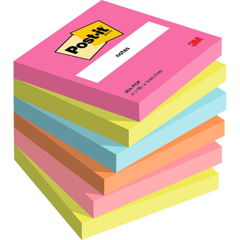 A stack of seven 3M Post-it® Notes blocks (76 mm x 76 mm, 100 sheets each, 100% PEFC) in various colors from 3M Deutschland GmbH.