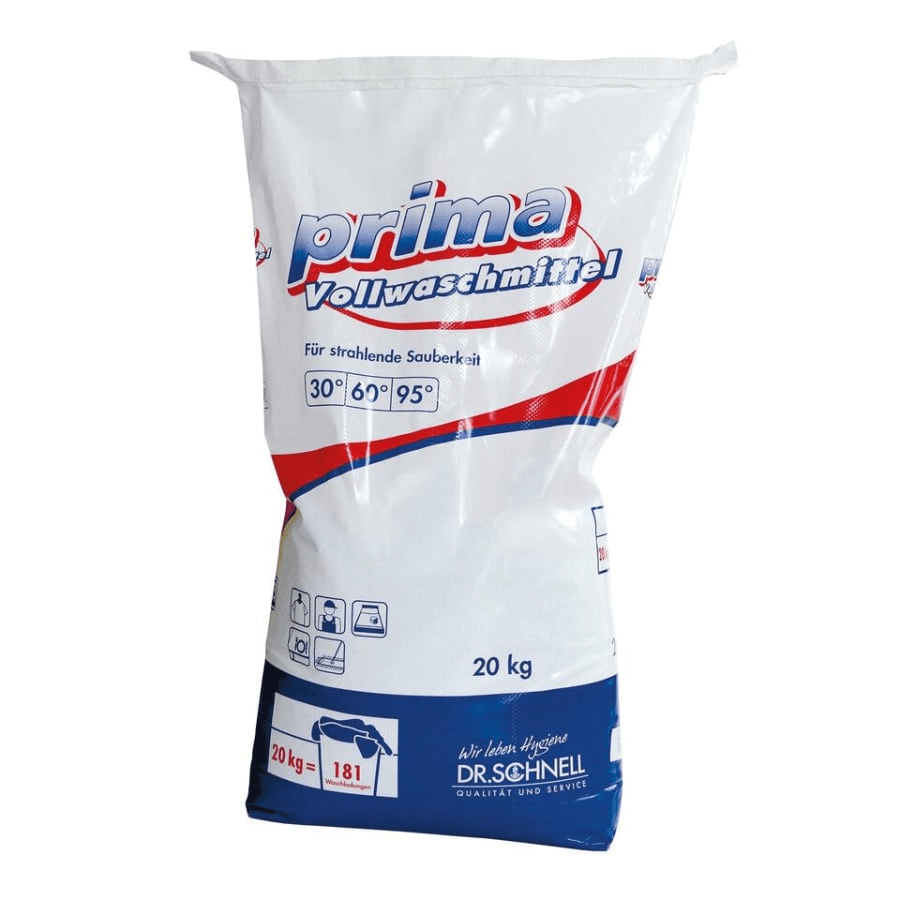 A 20 kg package of Dr. Schnell PRIMA full detergent textile hygiene powder by DR.SCHNELL GmbH & Co. KGaA, for laundry hygiene, in red-blue-white packaging with 30°, 60°, 95° symbols and German information.