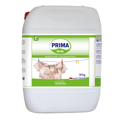 Ein weißer 20-kg-Behälter von Dr. Schnell PRIMA FORTE der DR.SCHNELL GmbH & Co. KGaA, mit einem grün-weißen Etikett, auf dem ein schmutziges Hemd auf einer Wäscheleine abgebildet ist. Ideal für die professionelle Reinigung; entfernt hartnäckige Flecken. Auf dem Etikett steht "Made in Germany".