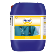 Ein großer blauer 20 kg Dr. Schnell PRIMA OXY Wäschedesinfektion automatische Dosierung Behälter der DR.SCHNELL GmbH & Co. KGaA für die professionelle Wäschedesinfektion, mit medizinischer Motivik, zur Verwendung als flüssiges Bleich- und Desinfektionsmittelkonzentrat.
