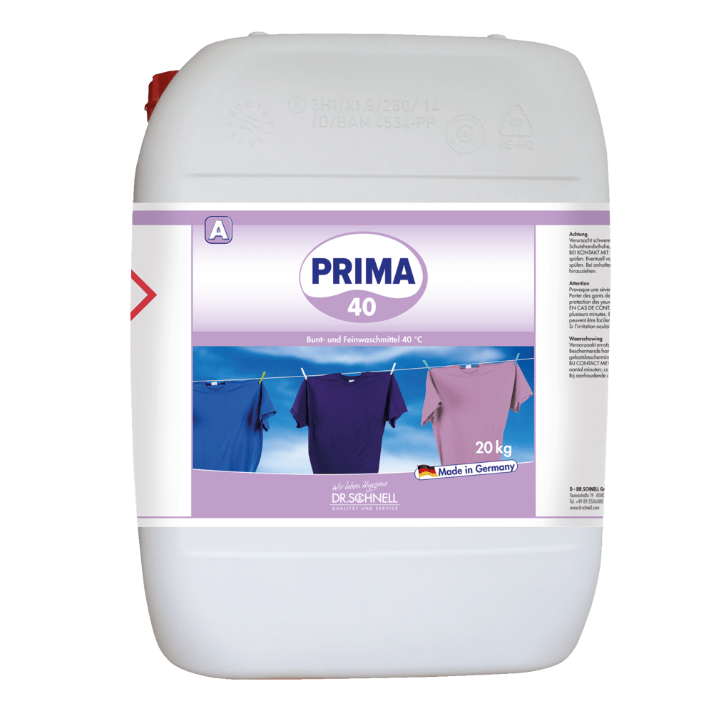 A white 20-kg container with Dr. Schnell PRIMA 40 from DR.SCHNELL GmbH & Co. KGaA is adorned with a purple "Made in Germany" label and images of colorful shirts, indicating its use as a cleaning agent for industrial applications.
