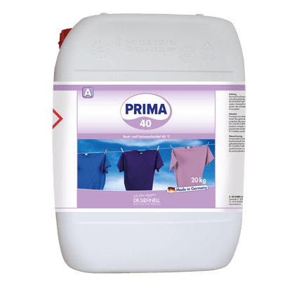 A white 20-kg container with Dr. Schnell PRIMA 40 from DR.SCHNELL GmbH & Co. KGaA is adorned with a purple "Made in Germany" label and images of colorful shirts, indicating its use as a cleaning agent for industrial applications.