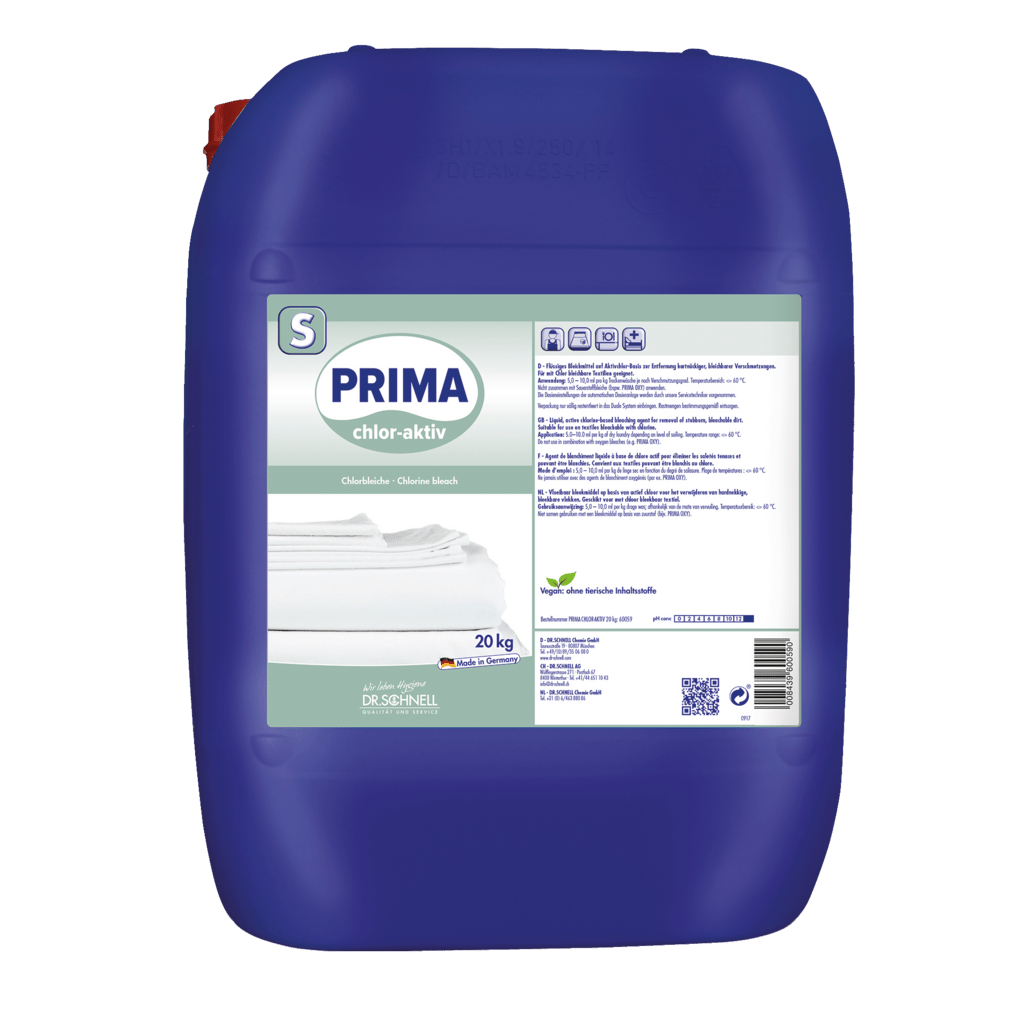 A blue 20-kg plastic canister labeled "Dr. Schnell PRIMA CHLOR-AKTIV" by DR.SCHNELL GmbH & Co. KGaA contains liquid bleach with active chlorine for optimal laundry hygiene, with product information, safety symbols, and folded laundry on the front.