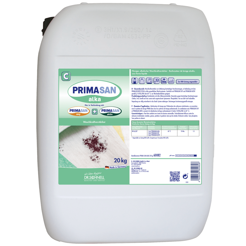 A white 20-kg plastic container labeled "Dr. Schnell PRIMA SAN ALKA" from DR.SCHNELL GmbH & Co. KGaA, an alkaline cleaner for professional use, with instructions, logos, an image of a soiled cloth, and safety instructions for commercial applications.