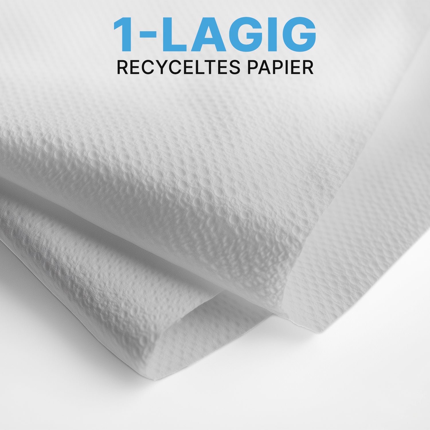 Nahaufnahme zweier weißer ARNOMED PAPIERHANDTÜCHER (25 x 23 cm, V-FALZ) der ARNOWA GmbH mit strukturierter Oberfläche, im V-Falz übereinandergelegt. Der blau-schwarze Text lautet "1-LAGIG RECYCELTES PAPIER" - ideal für Waschräume.