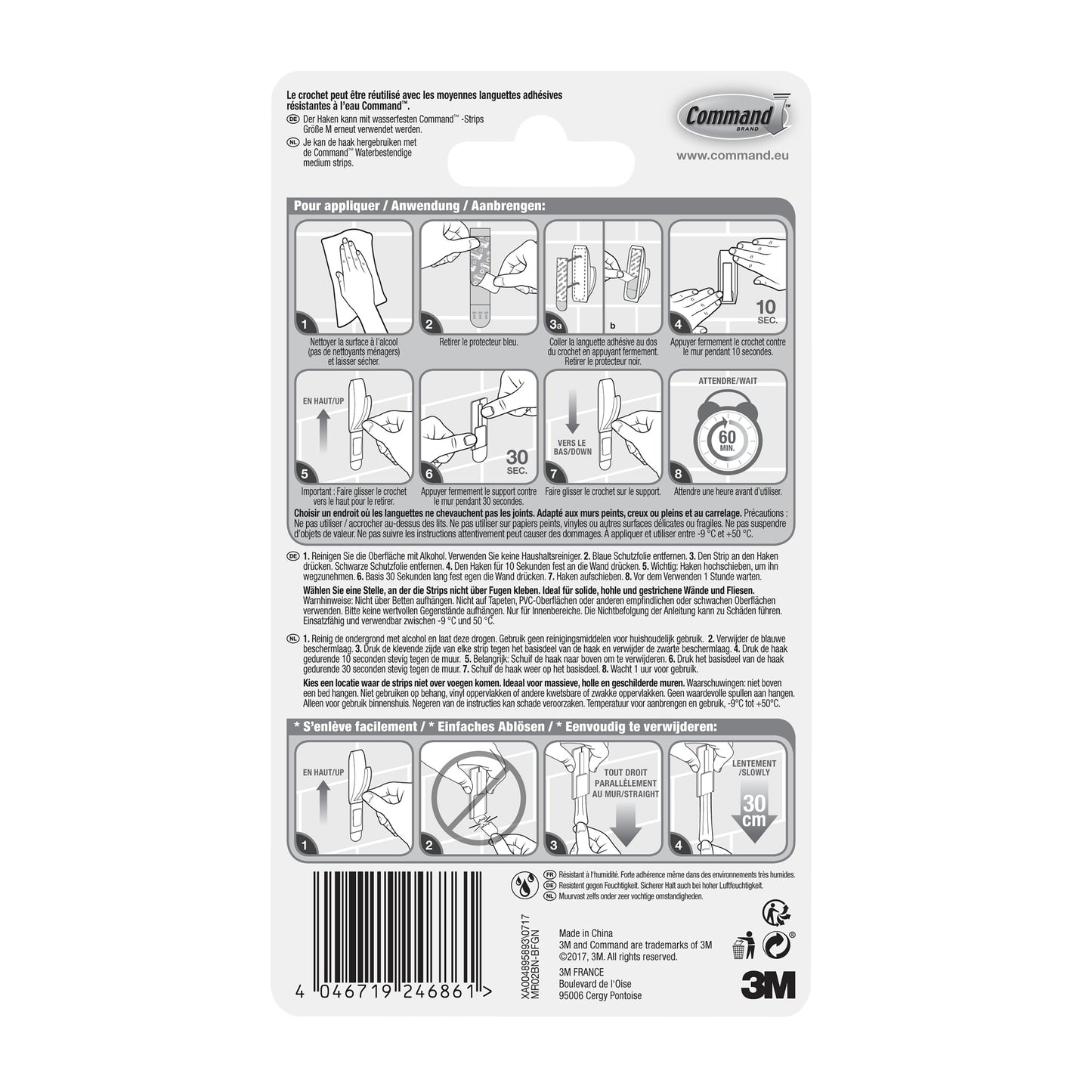 Rückseite einer Command™ Bad Metallhaken "Modern Reflection"-Verpackung der 3M Deutschland GmbH, mit bebilderter Schritt-für-Schritt-Anleitung zum Anbringen und Entfernen des Hakens, mit mehrsprachigem Text und Produktinformationen am unteren Rand.