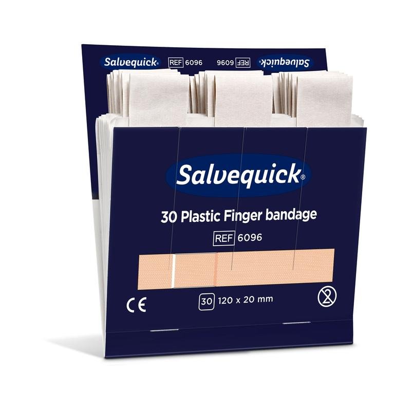 A partially opened box of Orkla Wound Care AB plastic finger bandages, 120 x 20 mm, 30 pieces/pack (6 pieces), with individually wrapped bandages and product information on the packaging.