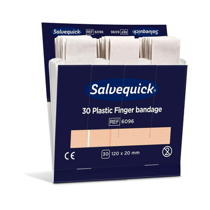 A partially opened box of Orkla Wound Care AB plastic finger bandages, 120 x 20 mm, 30 pieces/pack (6 pieces), with individually wrapped bandages and product information on the packaging.