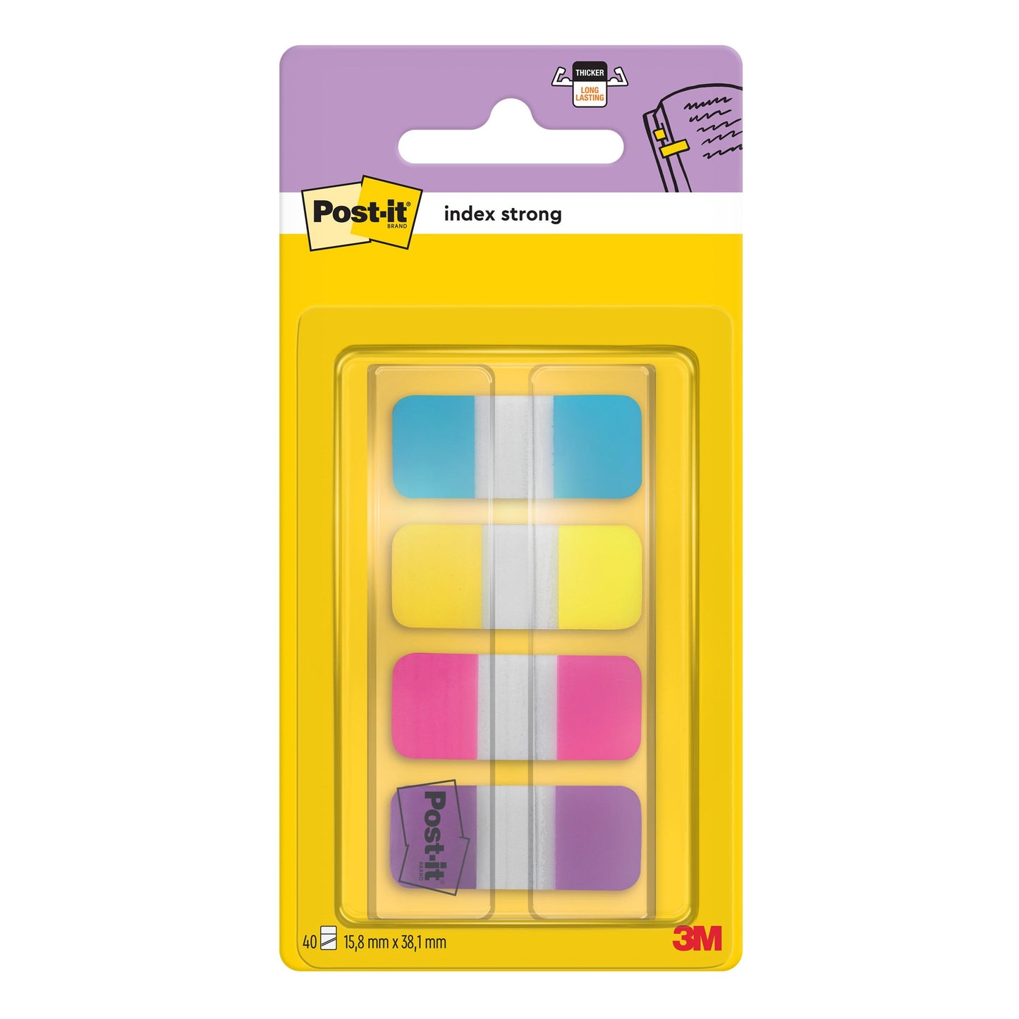 Eine Packung 3M Post-it® Index Strong Ablagetabs, Mini (15,8 mm x 38,1 mm), enthält 40 farbige Ablagetabs (blau, violett, rosa, gelb) in einem Spender für eine effiziente Dokumentenorganisation. Von 3M Deutschland GmbH.