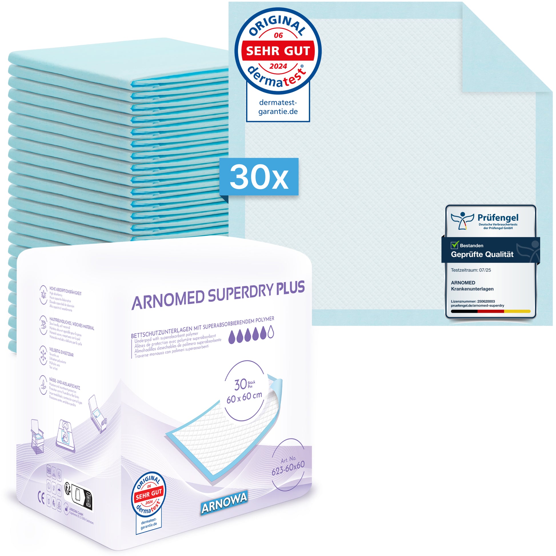 Ein Stapel von 30 blauen ARNOMED SUPERDRY PLUS Extra saugfähige Krankenunterlage mit SAP von ARNOWA GmbH, eine aufgefaltet. Zertifizierungssiegel und Superabsorber-Symbole unterstreichen ihre zuverlässige Inkontinenz-Pflege.