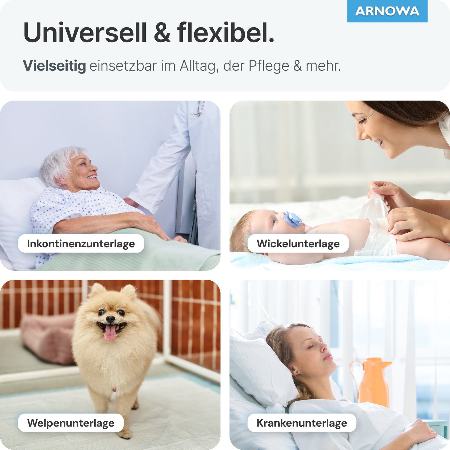 Eine Collage zeigt vier Szenen: eine ältere Frau, ein Baby, einen Hund und einen Patienten - alle mit ARNOMED SUPERDRY Saugfähige Krankenunterlage mit SAP von ARNOWA GmbH, die ihre vielseitige Superabsorber Technologie unter Beweis stellt.