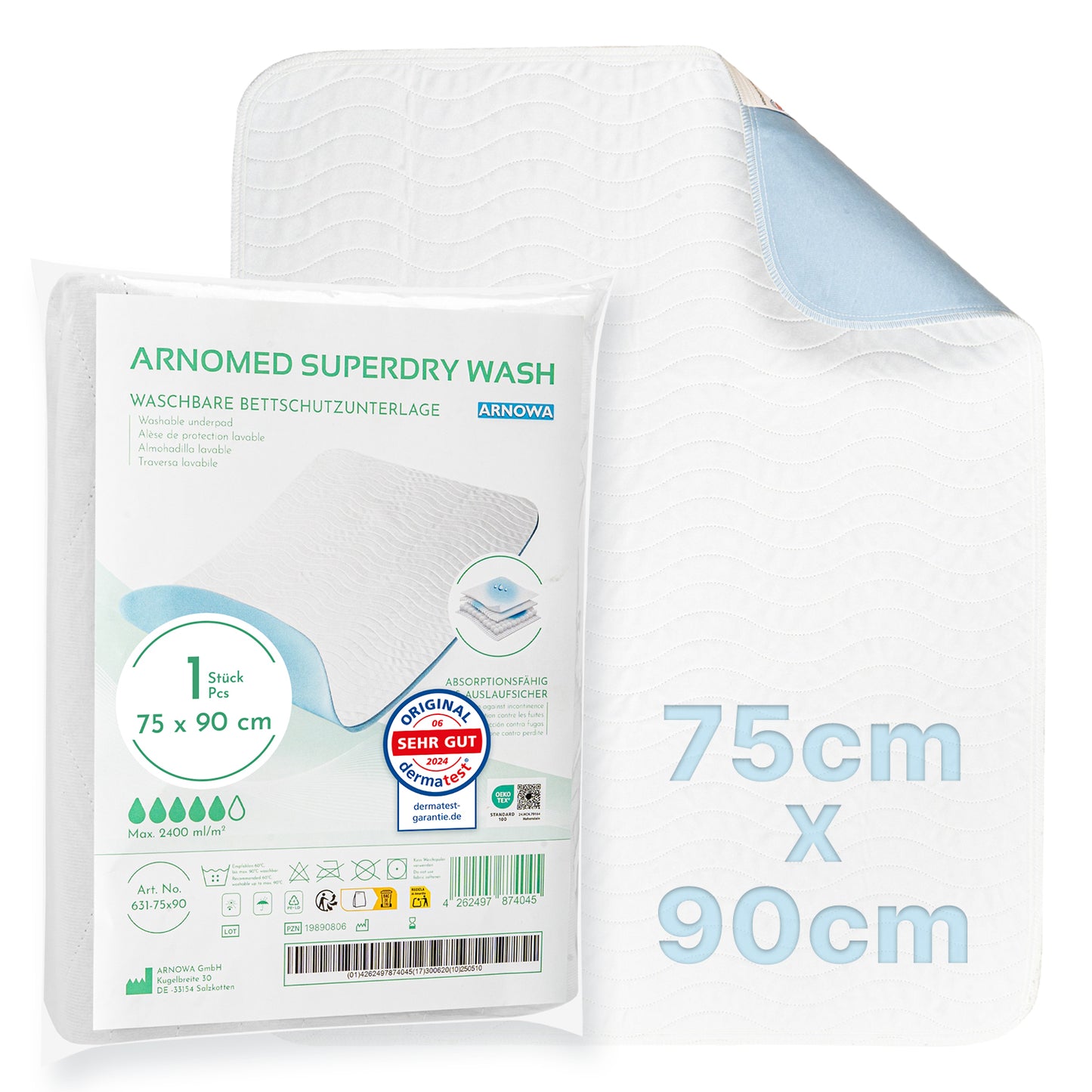 Shown is a packaged and unfolded ARNOMED SUPERDRY WASH WASHABLE BED PROTECTION PAD by ARNOWA GmbH. The white block with blue underside uses Superdry technology, measures 75x90 cm, and is ideal for incontinence per packaging text.