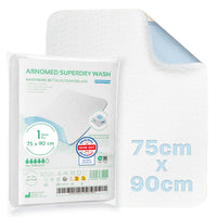 The image shows a packaged, unfolded ARNOMED SUPERDRY WASH WASHABLE BED PROTECTOR from ARNOWA GmbH. The white pad with a blue underside uses Superdry technology, measures 75x90 cm, and, according to the packaging text, is ideal for incontinence.