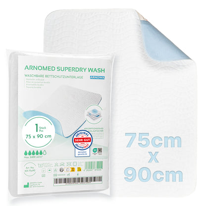 Shown is a packaged and unfolded ARNOMED SUPERDRY WASH WASHABLE BED PROTECTION PAD by ARNOWA GmbH. The white block with blue underside uses Superdry technology, measures 75x90 cm, and is ideal for incontinence per packaging text.