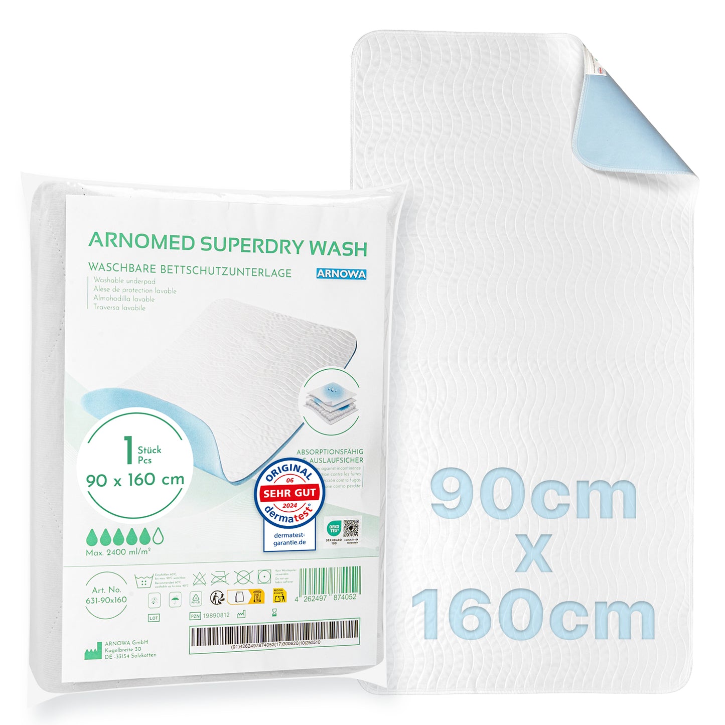 The ARNOMED SUPERDRY WASH Bed Protection Pad (ARNOWA GmbH), 90x160 cm, with Superdry technology and blue back is packaged and depicted unfolded. The packaging shows details on incontinence as well as icons for absorbency and size.