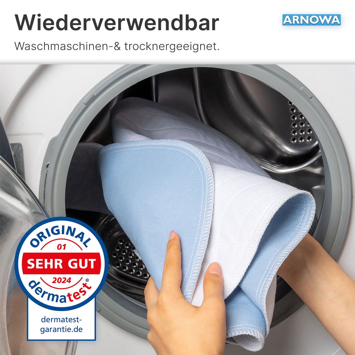 A person places the ARNOMED SUPERDRY WASH WASHABLE BED PROTECTION PAD by ARNOWA GmbH in light blue/white into a washing machine. The image shows Superdry technology, German text, and a "Very Good" seal 2024 for incontinence care.