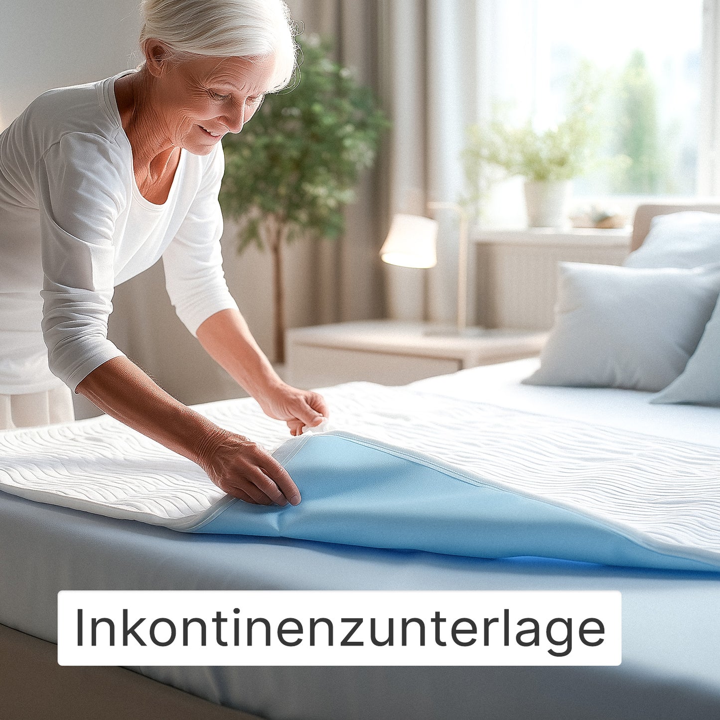 An older woman in white places the ARNOMED SUPERDRY WASH Washable Bed Protection Pad by ARNOWA GmbH on a neatly made bed in a bright bedroom. At the bottom of the image "Incontinence Pad" is displayed.