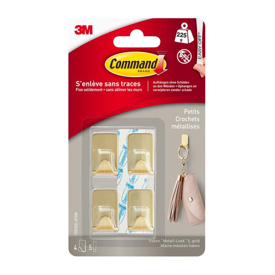 The Command™ Metal Hook, Size S, in gold (17032BR-4ES) from 3M Deutschland GmbH includes 4 hooks and 5 strips for damage-free mounting—ideal for hanging key chains and more.