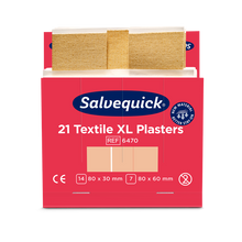 Eine rot-weiße Schachtel mit der Aufschrift "Orkla Wound Care AB Xl textilgips, 21 stück/mine | Packung (6 Stück)" mit zwei beigefarbenen Textilpflastern in den Größen 80 x 30 mm und 80 x 60 mm sowie Produkt- und Zertifizierungsangaben.